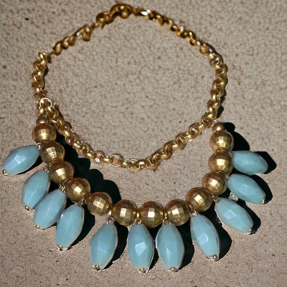 Vintage Lia Sophia Light Blue Gold Tone Bead Beaded Bib Statement Necklace